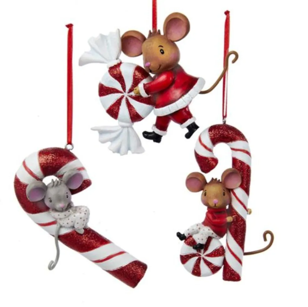 Kurt Adler Christmas Tree*D2300 Mouse With Peppermint Candy Ornament 3 Assorted Kurt S.Adler New York