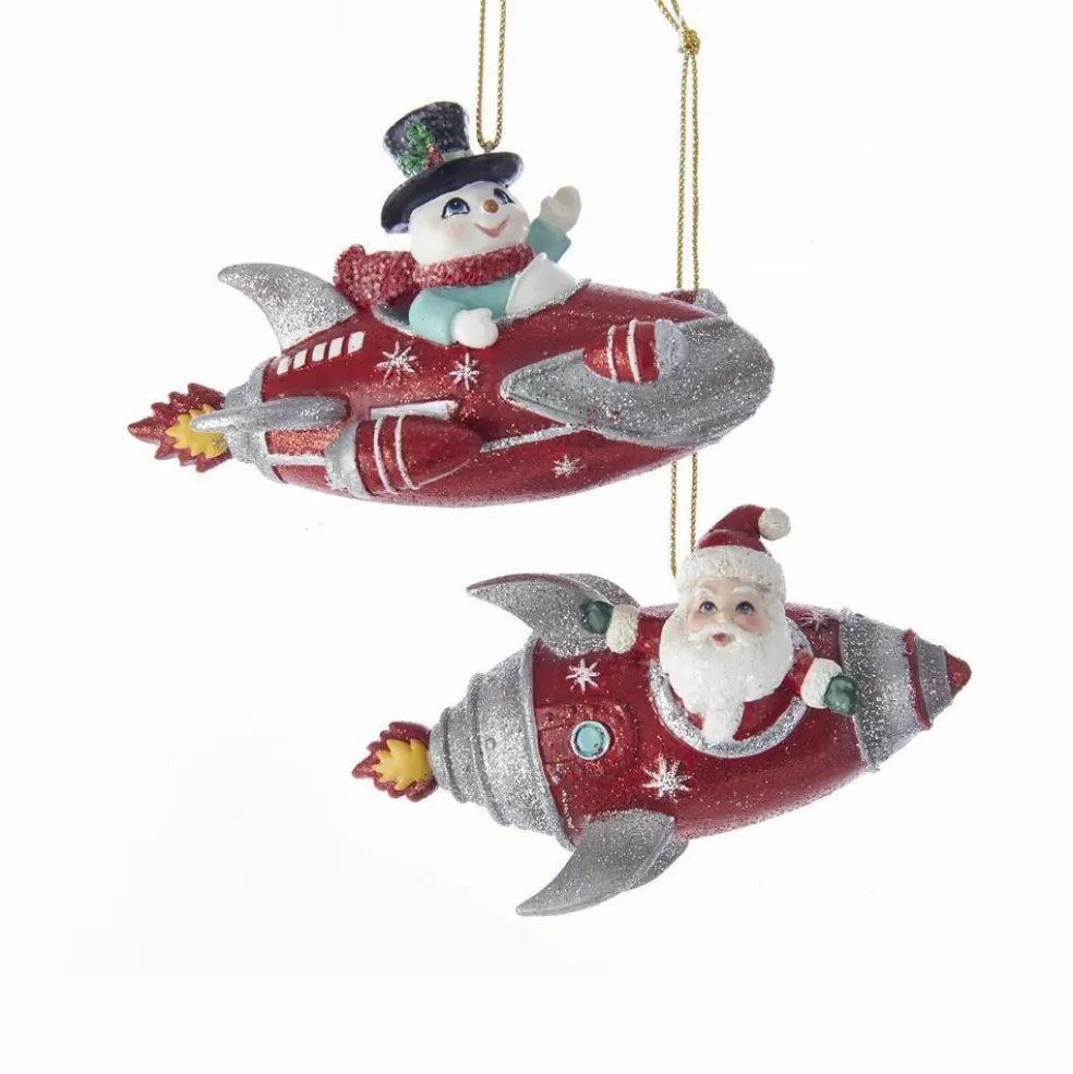 Kurt Adler Christmas Tree* Nyc C7663 Red And Silver Glittered Santa And Snowman In Rocket Ornaments, 2 Assorted