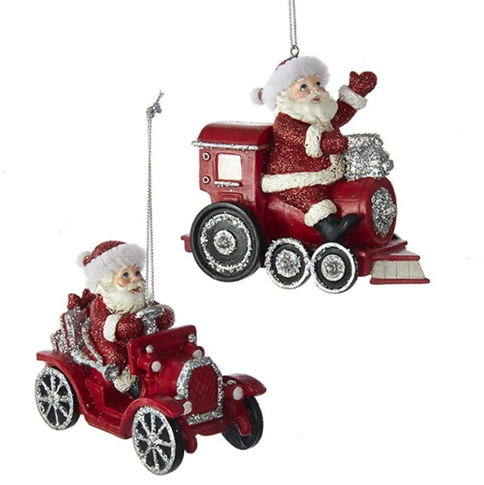Kurt Adler Christmas Tree* Nyc C6776 Red And Silver Glittered Santa In Car And Train Ornaments